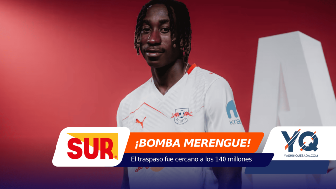 Soccer player in a white RB Leipzig jersey stands against a red studio backdrop with bold overlapping sponsor graphics in orange, blue, and white.