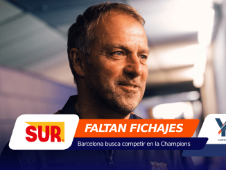 Portrait of a man in a navy jacket smiling, with an orange banner reading 'FALTAN FICHAJES' and sponsor logos overlaying the bottom edge.