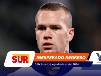 Close-up of a male athlete's face with tattooed neck, halfway covered by a colorful sports news banner showing SUR and 'INesperado REGRESO' text.