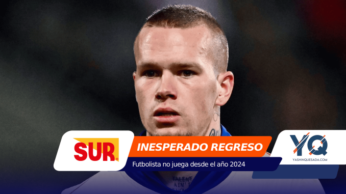 Close-up of a male athlete's face with tattooed neck, halfway covered by a colorful sports news banner showing SUR and 'INesperado REGRESO' text.