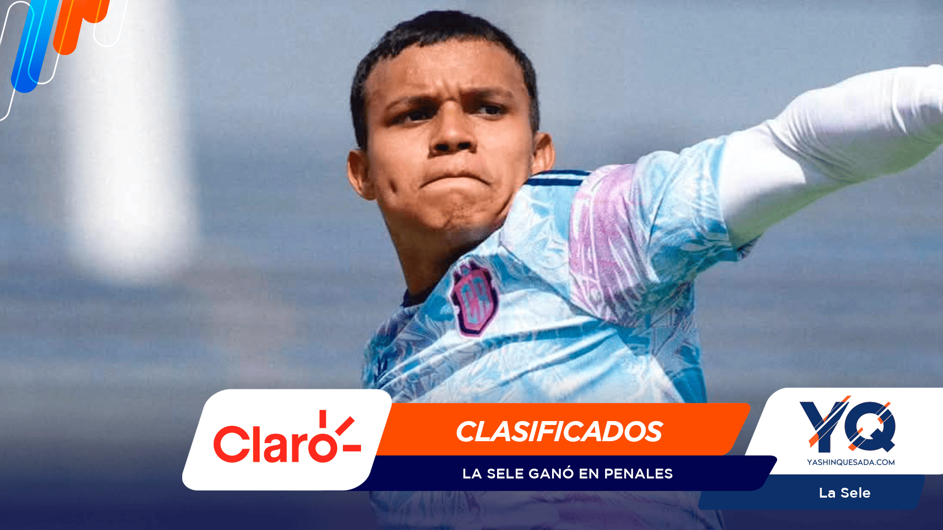 Young male athlete in a light blue jersey sprinting, with bold color branding overlays at the bottom suggesting a sports news hero image.