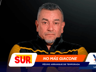 Portrait of a middle-aged man in a black and yellow jacket on a dark background, with promotional banners at the bottom (SUR logo and 'NO MÁS GIACONE').