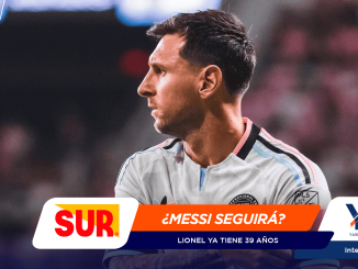 Profile of Lionel Messi in an Argentina national team jersey, facing left, with bold promo banners and sponsor logos overlaid in the foreground