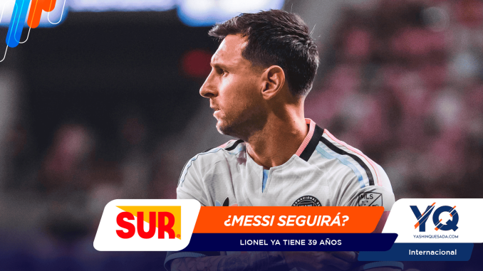 Profile of Lionel Messi in an Argentina national team jersey, facing left, with bold promo banners and sponsor logos overlaid in the foreground