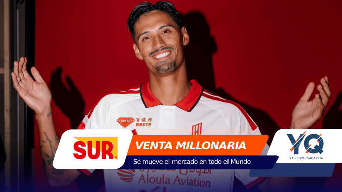 Smiling man in a white and red sports jersey raises his hands against a red background, with promotional banners across the bottom edge.",