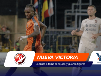 Two soccer players on the field with an orange banner reading 'NUEVA VICTORIA' and sponsor logos overlaid at the bottom.