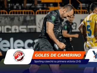 Soccer players on a field with an orange banner overlay reading GOLES DE CAMERINO and logos on the sides in a stadium background.