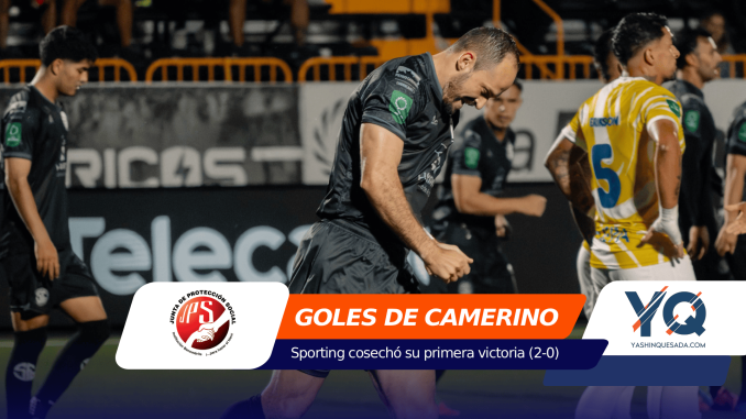Soccer players on a field with an orange banner overlay reading GOLES DE CAMERINO and logos on the sides in a stadium background.